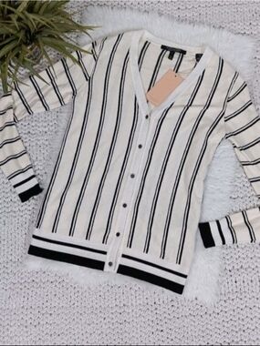 NWT Scotch & Soda Office Siren V-Neck Lightweight Black Striped Cardigan